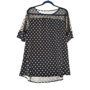 Top Women's XL Short Sheer Sleeve Navy White Polka Dot Cruise Resort Beach